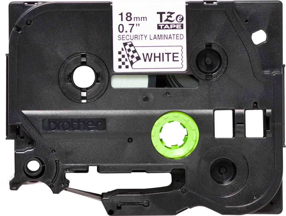 Oryginalna taśma zabezpieczająca TZe-SE4 firmy Brother – czarny nadruk na białym tle, 18mm szerokości 2